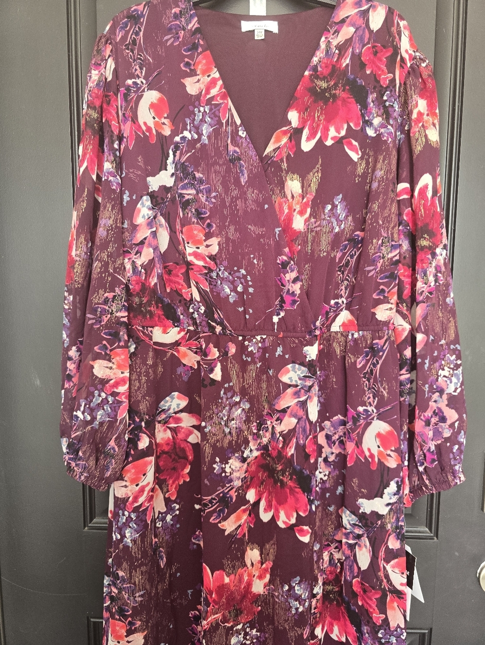 Signature by Robbie Bee Floral Wrap Dress 24W Burgundy Pink Long Sleeve Midi NWT - Picture 4 of 12